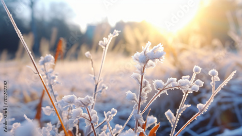 Weeds covered with frost in the forest