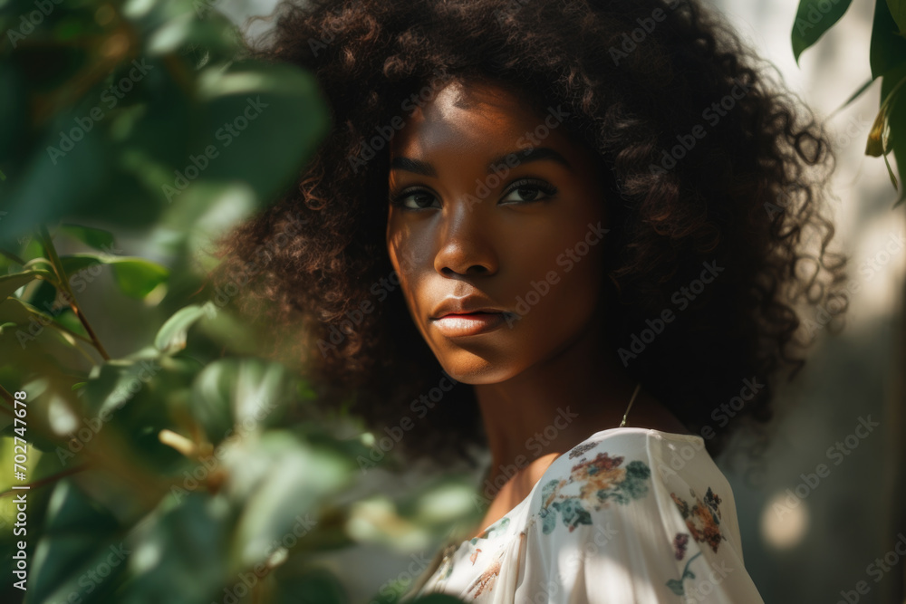 Naklejka premium Stunning young woman with natural curly hair and a floral dress surrounded by lush greenery. Forest bathing concept
