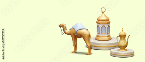 Concept of traveling through Arab country. Visiting tea house, restaurants. Pilgrimage tours. Realistic illustration. Camel, metal kettle, decorative lantern