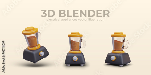 Composition with realistic blender in different positions. Tasty chocolate drink preparation. Home appliance concept. Vector illustration in 3d style with yellow background