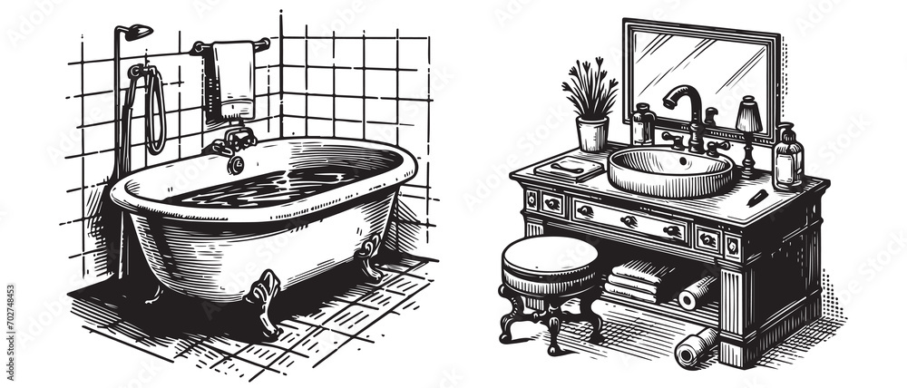 Set of bathroom items: bath, shower, sink with mirror. Vector sketch of bathroom accessories. - obrazy, fototapety, plakaty 