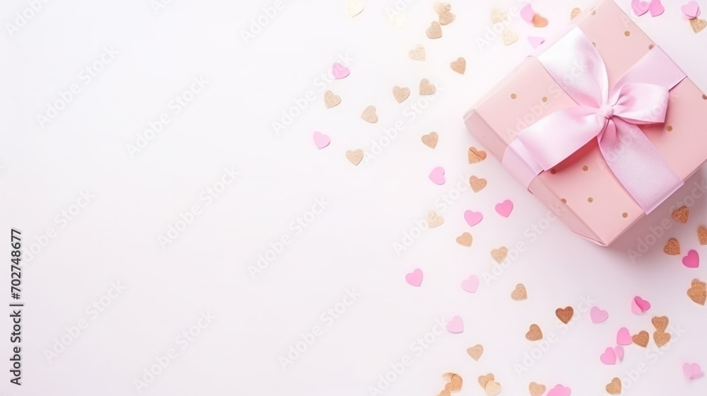 Valentine day composition: white gift boxes with bow and red felt hearts, photo template, background. Top View. Valentine day composition: white gift boxes with bow and red felt hearts, photo template, background. Top View.