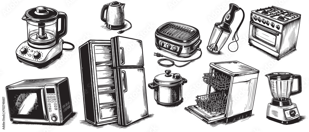 Hand drawn set of different household appliances. Vector illustration of a sketch style. - obrazy, fototapety, plakaty 
