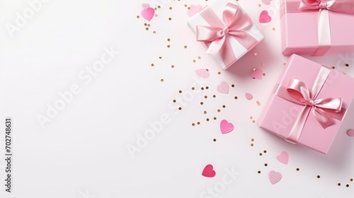 Valentine day composition  white gift boxes with bow and red felt hearts  photo template  background. Top View.