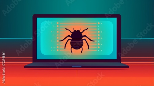 Computer bug on laptop screen symbolizing threat of software bugs and elusive nature of zero day vulnerabilities in software security, critical bug in computer software photo