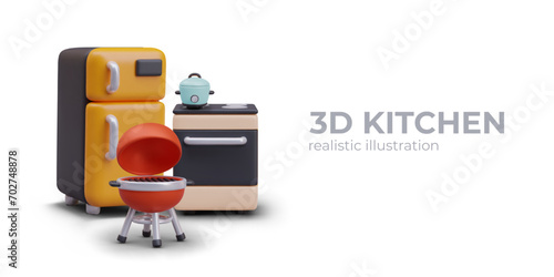 Concept of modern kitchen appliances. Realistic colored vector composition on white background. Template in cartoon style. Illustration for store, agency interior, cooking classes