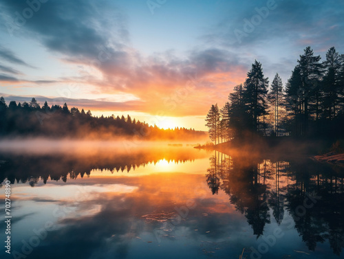 Serene early dawn illuminates a tranquil lake, reflecting vibrant hues of awakening day, untouched beauty.