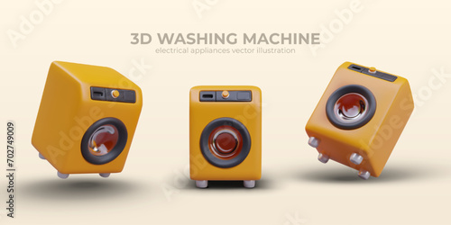 Yellow washing machine, static and dynamic position. Realistic illustrations with shadows and reflection. Creative templates for ads compositions. Household appliances, public laundry equipment