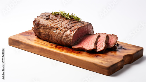 Fototapeta Naklejka Na Ścianę i Meble -  Grilled beef steak on wooden board with rosemary isolated on white background