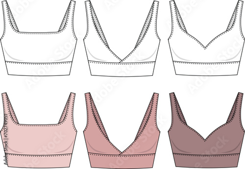 Girls Sports Bra fashion drawing template. Sportswear Crop Top template. Sports wear fashion design set. Cami top fashion flat illustration. Cropped Tank Top bra technical fashion illustration. 