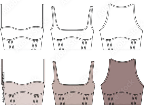 Crop Top Sports Bra technical fashion illustration, Cropped Tank Top fashion flat technical drawing template, slim fit, Women Sport Bra fashion flat template. Sports wear fashion design set. 