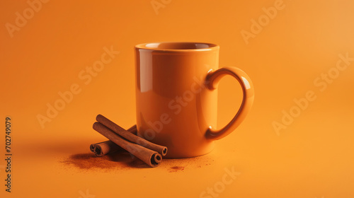 Mug of mulled wine with cinnamon sticks on warm brown background creates an atmosphere of cozy comfort and captures spirit of winter, inviting indulgence in warmth of festive flavors