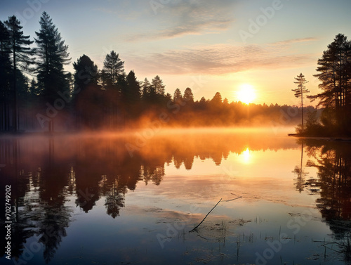Sunrise bathes a tranquil lake in a warm v52-style raw glow  radiating peaceful dawn reflections.