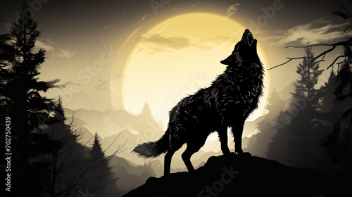 Wolf howling silhouette at the full moon