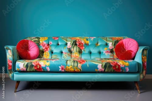 Floral-upholstered sofa, adorned with round fuchsia cushions, in the purest kitsch style