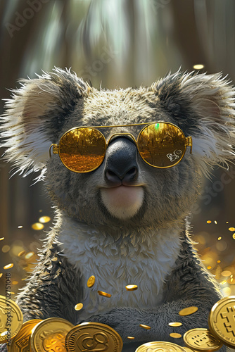 Funny koala bear wearing sunglasses surrounded by gold coins photo