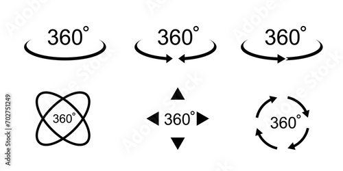 360 degree views. Signs with arrows to indicate the rotation or panoramas to 360 degrees. Vector illustration.
