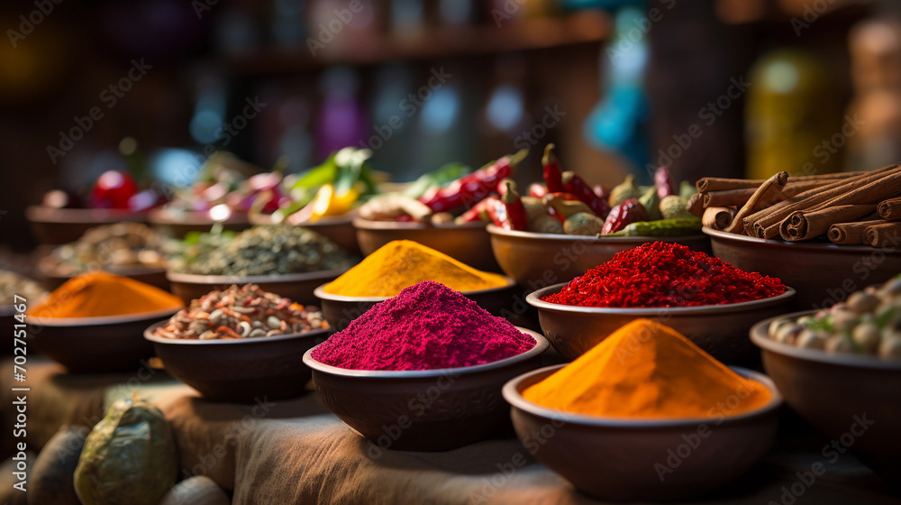 Fototapeta premium Vibrant Spice Array A Colorful and Aromatic Journey at the Spice Market