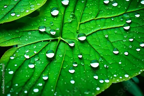 A stunning close-up of glistening raindrops on a vivid green leaf, captured in high-definition, highlighting the intricacies of nature, HD.