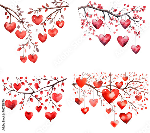 Wallpaper Mural Branches with red hearts. Watercolor Valentines Day clipart Torontodigital.ca