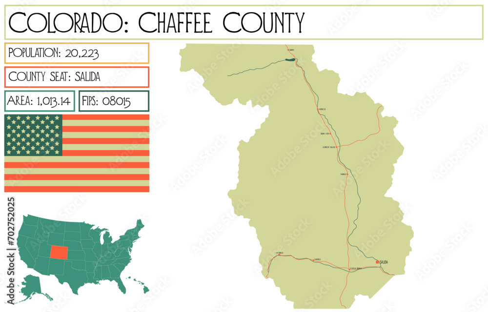 Large and detailed map of Chaffee County in Colorado USA.