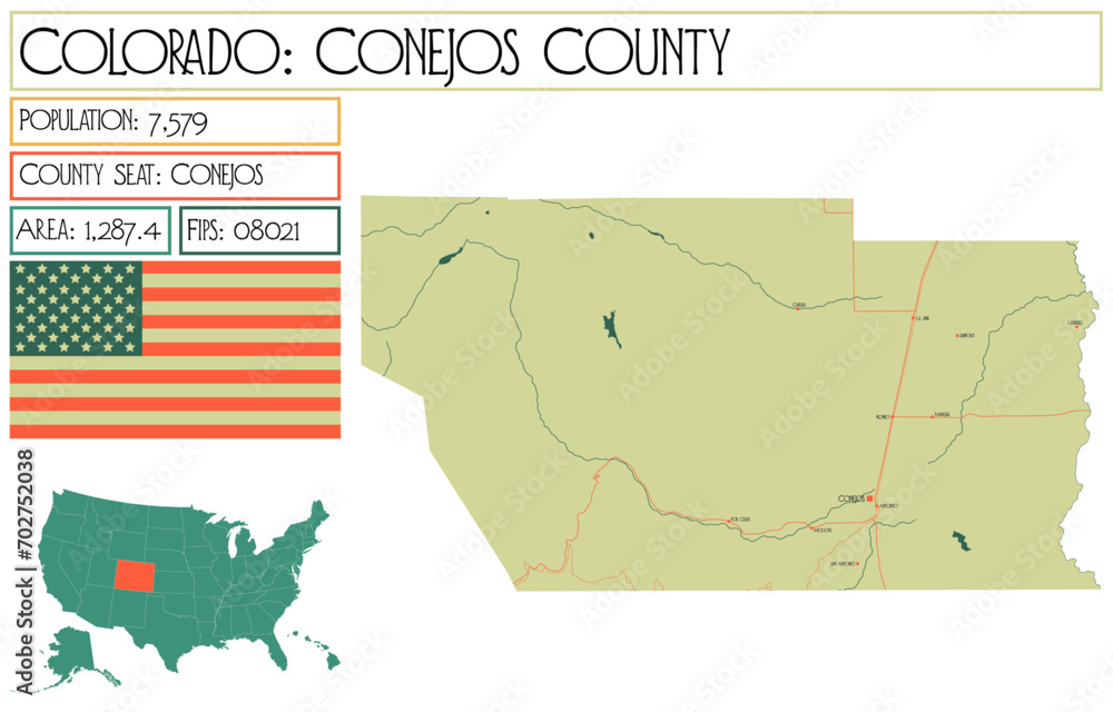 Fototapeta Large and detailed map of Conejos County in Colorado USA.