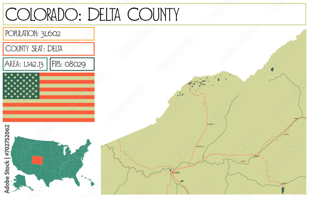 Fototapeta Large and detailed map of Delta County in Colorado USA.