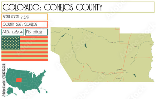 Large and detailed map of Conejos County in Colorado USA.
