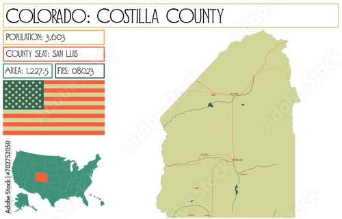 Large and detailed map of Costilla County in Colorado USA.