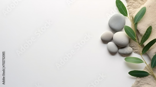 A branch of olive leaves and stones on a white background. This versatile asset is suitable for various designs like wellness and spa, nature and environment, and Mediterranean-inspired themes.