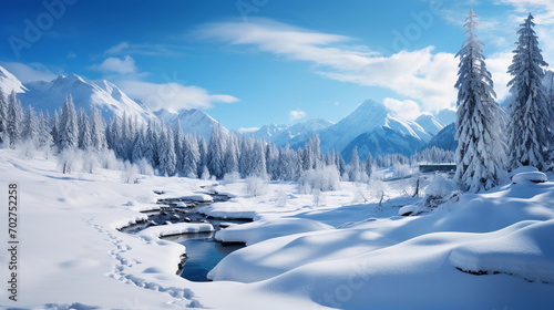 Snowy Winter Mountain Landscape with Crisp Blue Sky