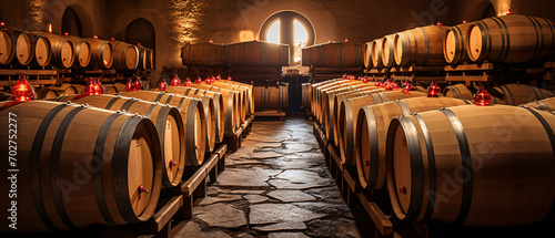Wooden wine barrels in a cellar creating