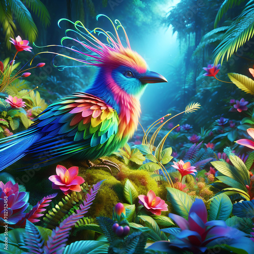 3D animated colorful bird in the forest of an AI generate