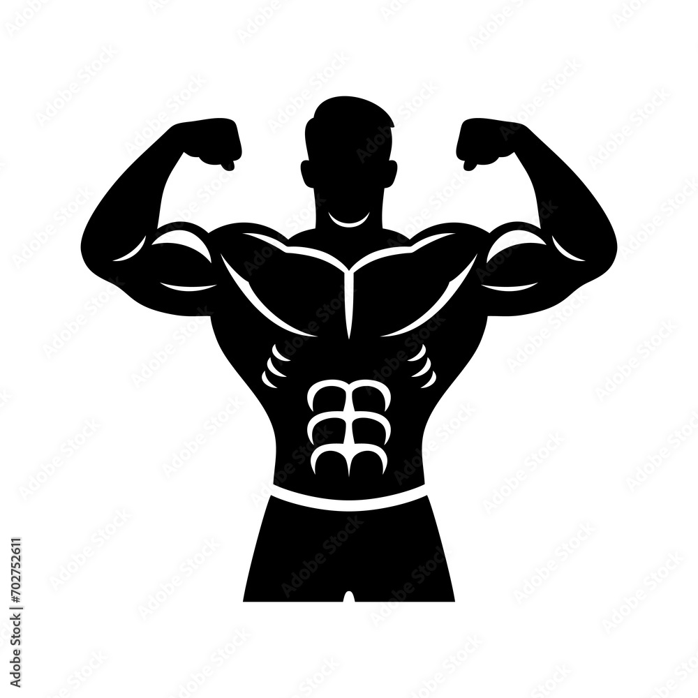 Bodybuilder icon. Man silhouette of a strong man, athlete icon. Body building muscles. Vector illustration