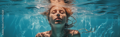 Panorama view of beautiful girl swims under water in swimming pool. Generative AI