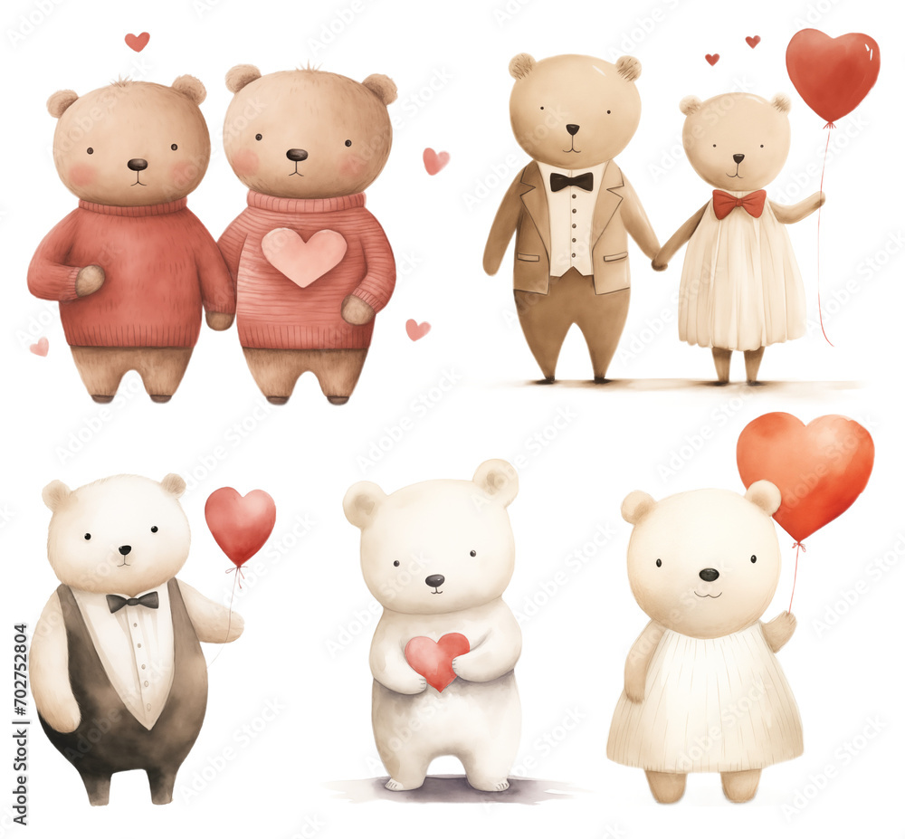 Cute bears with red hearts. Watercolor Valentines Day clipart Cute bears with red hearts. Watercolor Valentines Day clipart