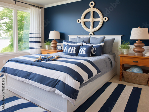 A bedroom inspired by the sea, featuring striped bedding and decorative ship elements for ambiance. photo