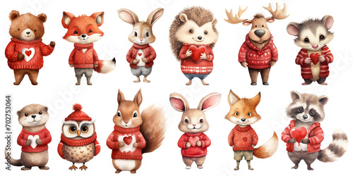 Wallpaper Mural Cute forest animals with red hearts. Watercolor Valentines Day clipart Torontodigital.ca