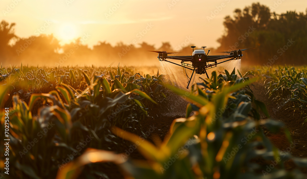 A drone flying over a corn field at sunset. Generative AI - obrazy, fototapety, plakaty 