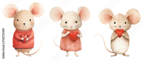 Wallpaper Mural Cute mice with red hearts. Watercolor Valentines Day clipart Torontodigital.ca