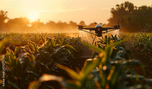 A drone flying over a corn field at sunset. Generative AI