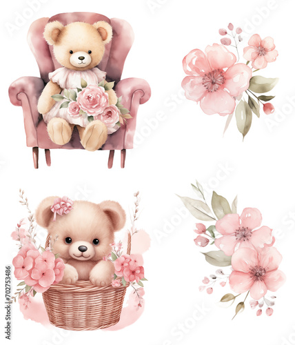 Wallpaper Mural Cute teddy bears with cherry blossom, watercolor set Torontodigital.ca