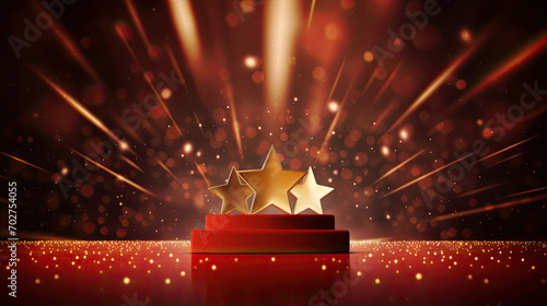 Golden star and glitter light on the red stage, award ceremony concept background