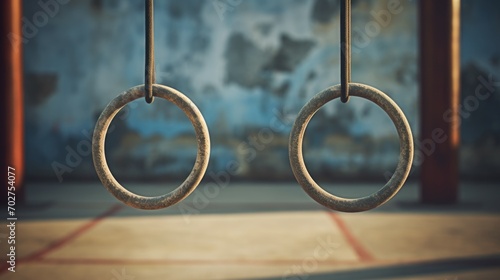 Closeup old gymnastic rings on the blurred gym background photo