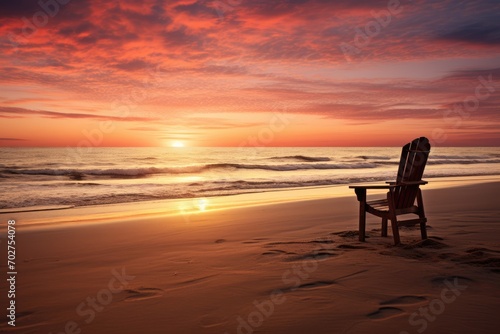A solitary beach chair facing the ocean at sunrise, inviting relaxation and contemplation © PinkiePie