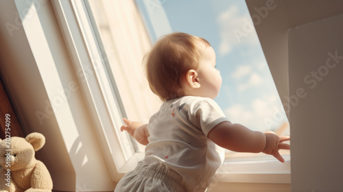 Little child dangerously climbing up the window sill and looking out window photo