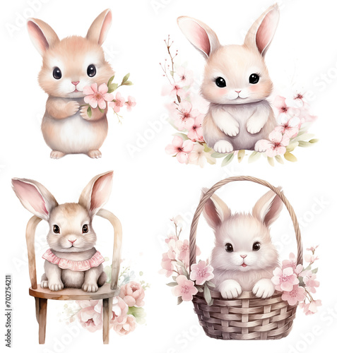 Wallpaper Mural Cute easter bunny with cherry blossom, watercolor set Torontodigital.ca