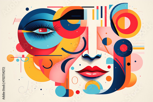 Abstract composition of facial elements with vibrant colors. Artistic rendering of facial elements with geometric shapes in a pop and cubist design.