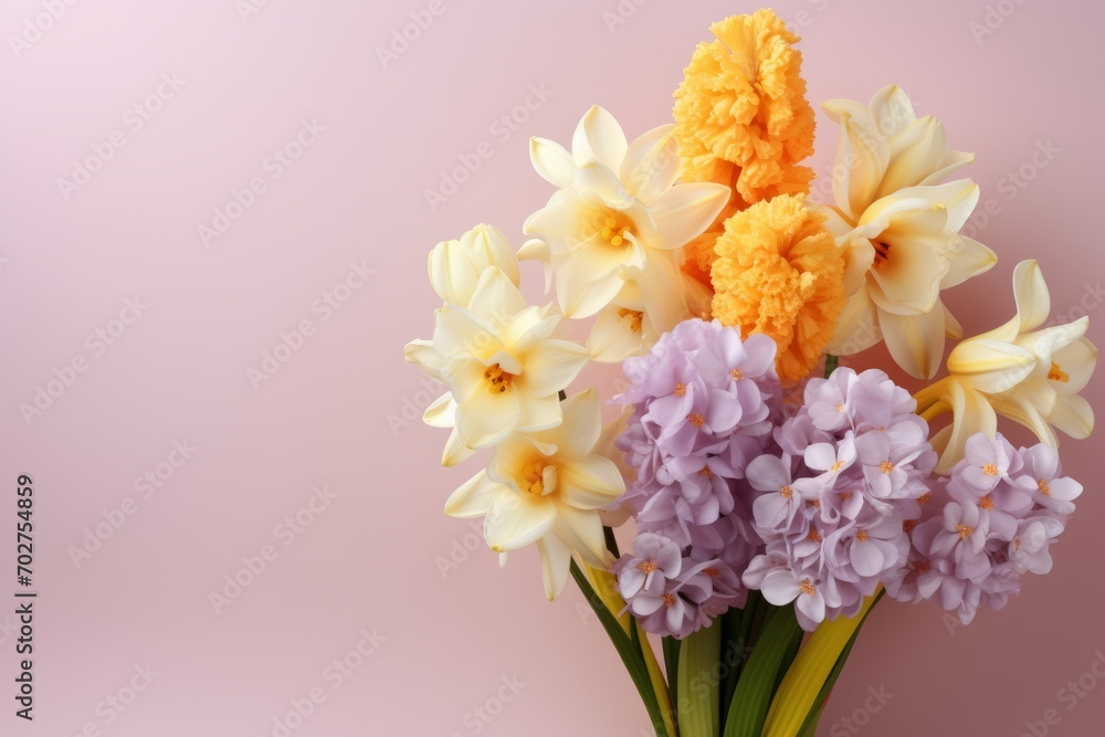 bouquet of purple hyacinths and yellow daffodils on a beige background. Spring Easter concept. Place for text