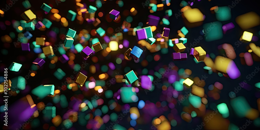 A close up of colorful confetti on a black background. Perfect for celebratory event invitations, party posters, festive .Colorful glittering mardi gras confetti falling on black background.